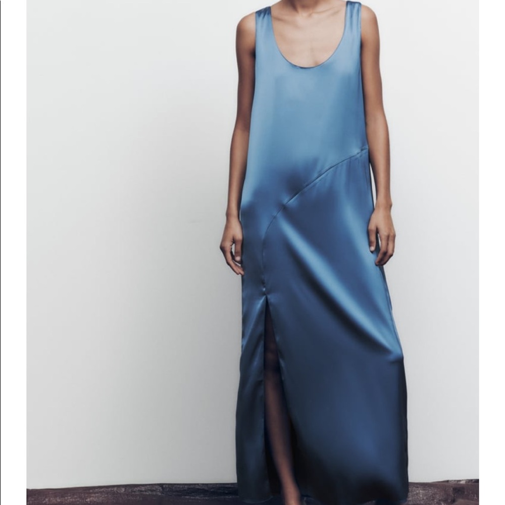 NWT ZARA long blue satin dress.